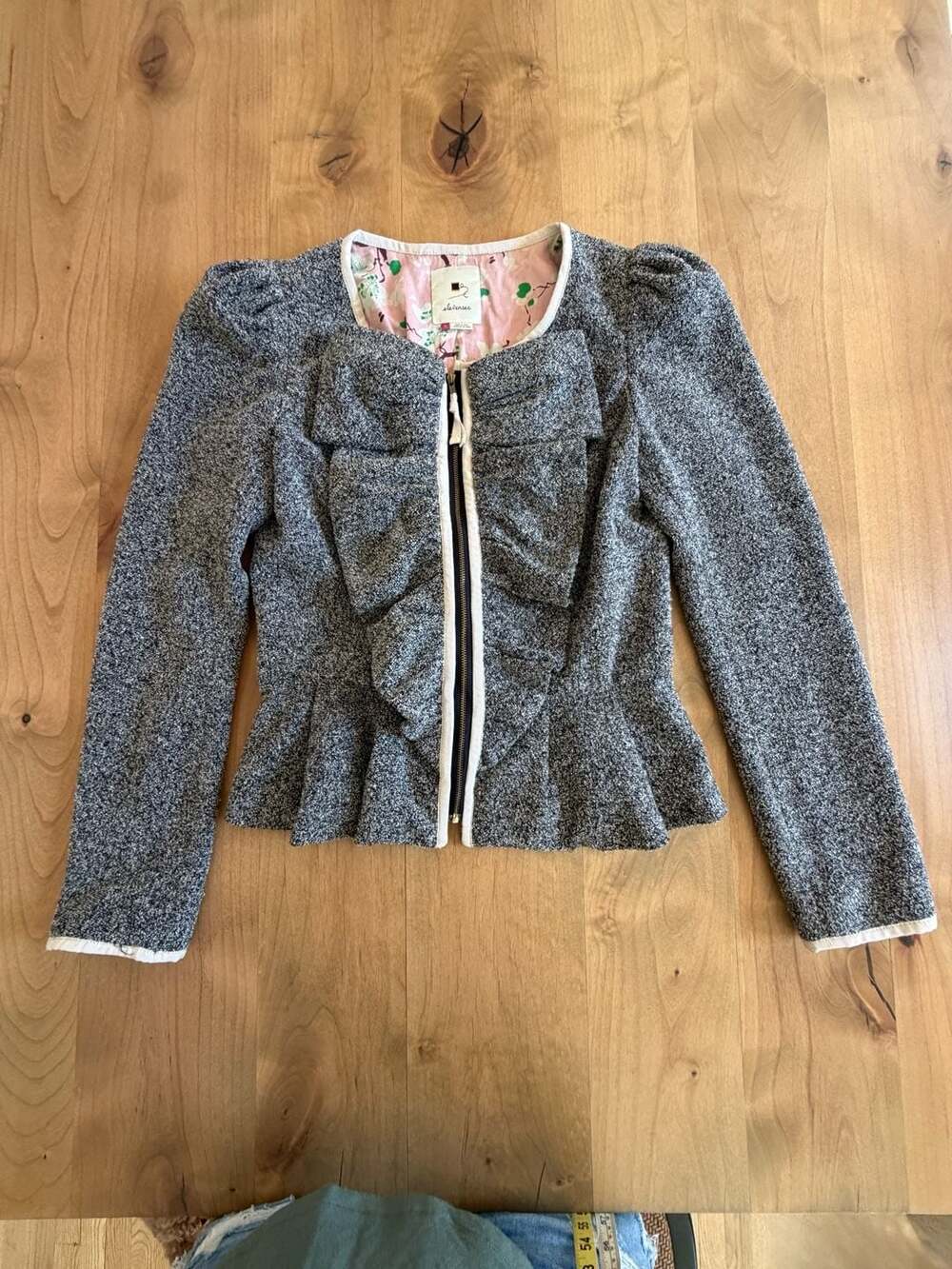 Elevenses Tweed Ruffle Zip Jacket Size 2 Gray Bow Peplum